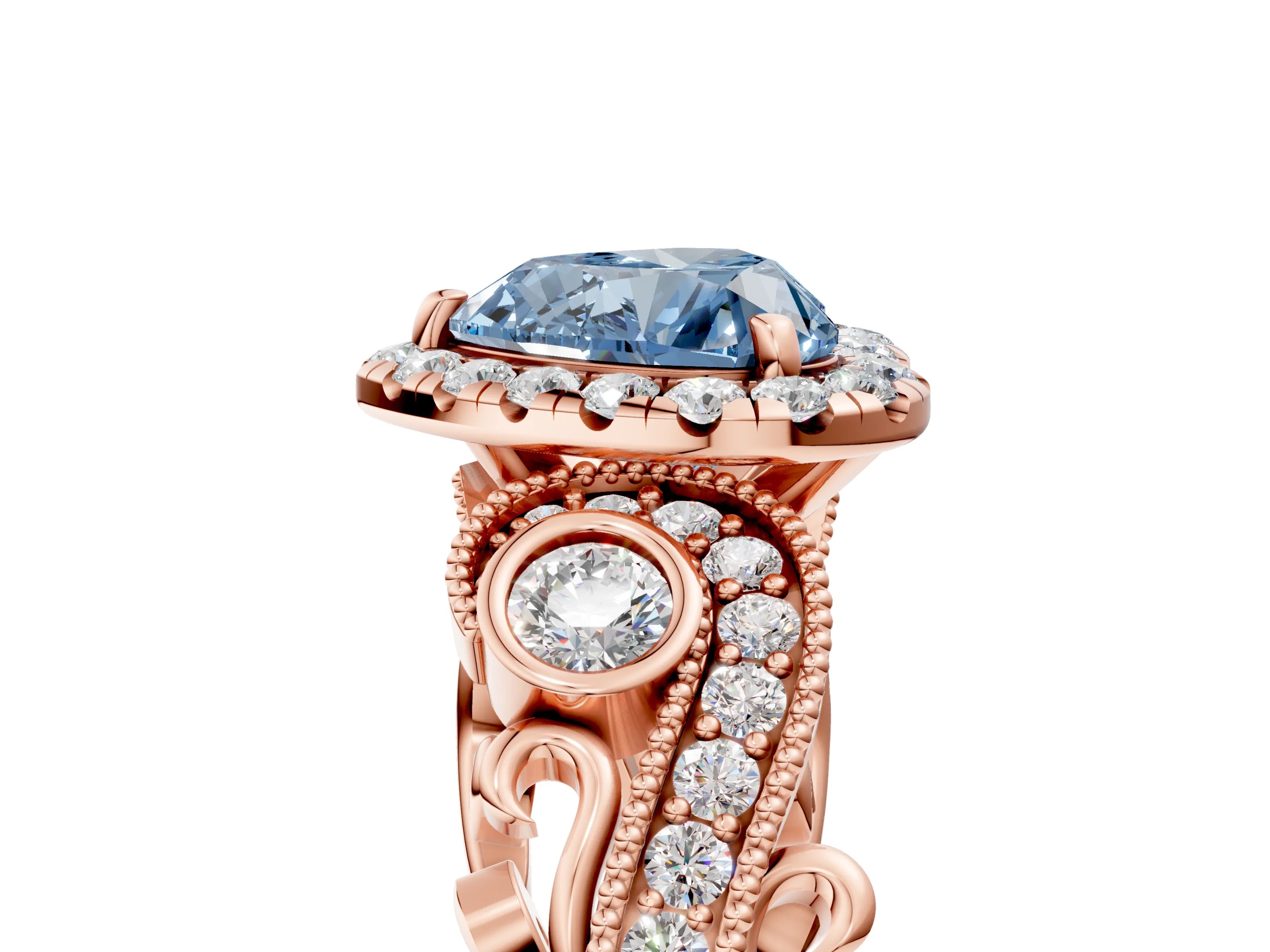 Rose gold Fancy Blue Heart Cut Halo Diamond Ring with Milgrain and Bezel Accents on a Split Shank Band_5