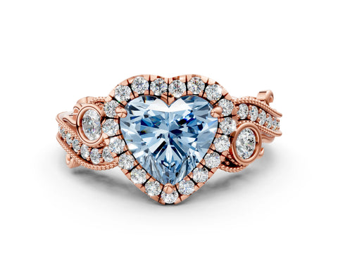 Rose gold Fancy Blue Heart Cut Halo Diamond Ring with Milgrain and Bezel Accents on a Split Shank Band