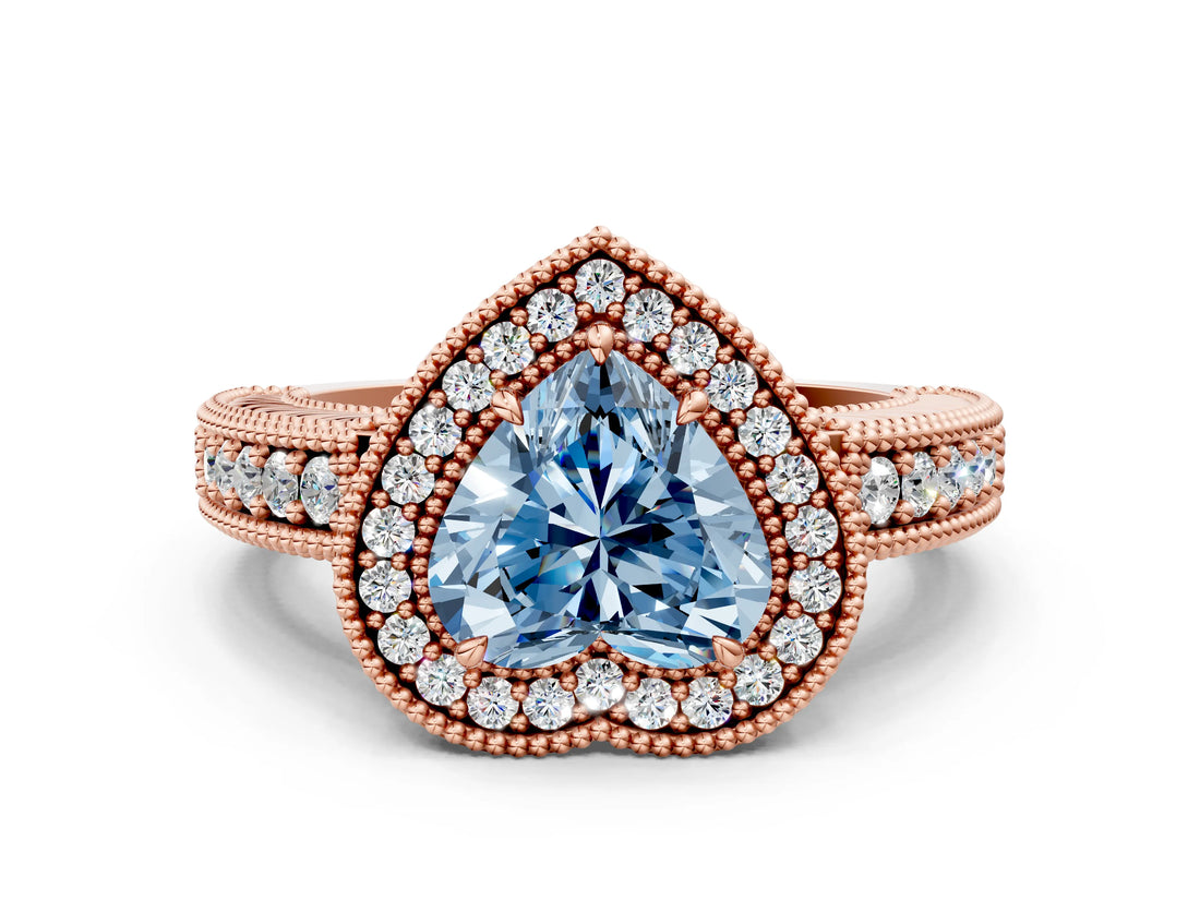 Rose gold Fancy Blue Heart  Cut Halo Diamond Ring with Pavé Band and Four-Prong Setting_51