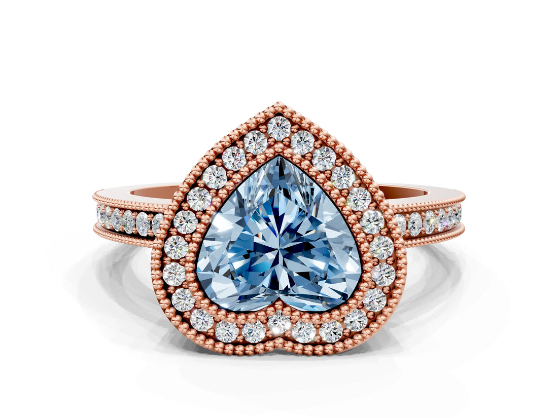Rose gold Fancy Blue Heart  Cut Halo Diamond Ring with Pavé Band and Milgrain Prong Setting_32