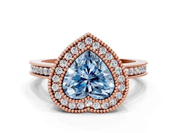 Rose gold Fancy Blue Heart  Cut Halo Diamond Ring with Pavé Band and Milgrain Prong Setting