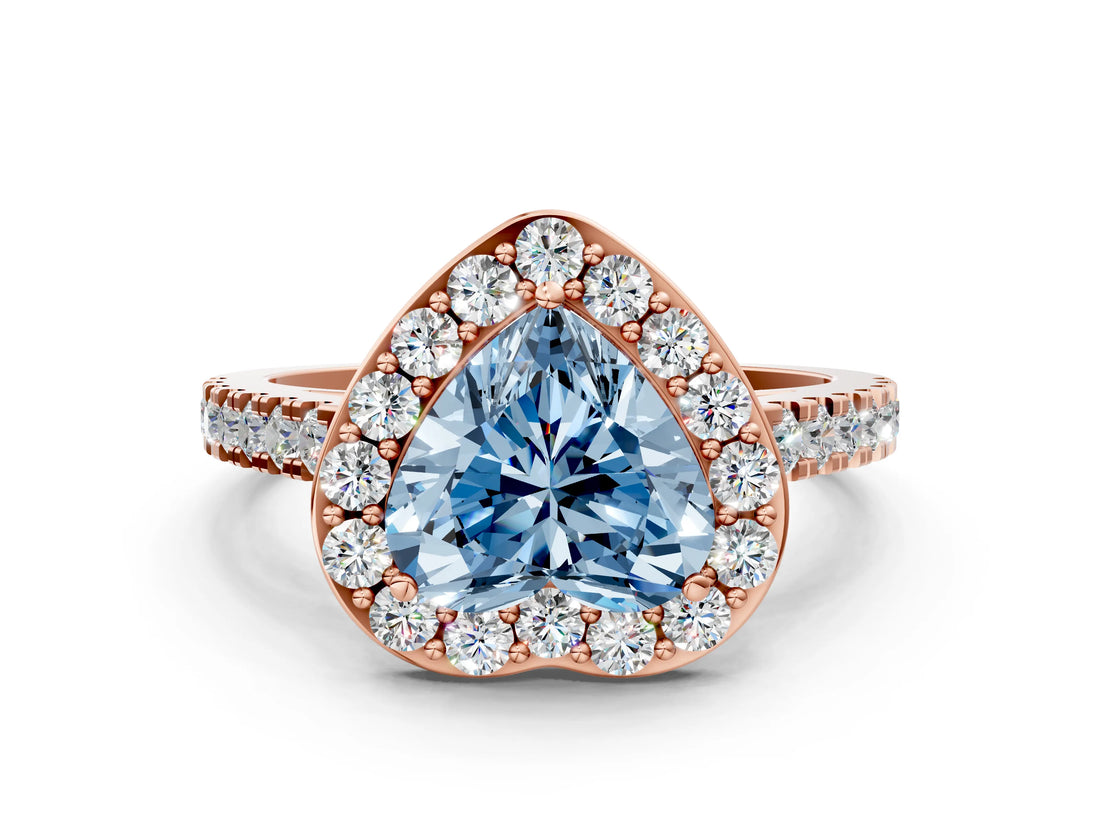 Rose gold Fancy Blue Heart Cut Halo Diamond Ring with Pavé Band and Three-Prong Setting