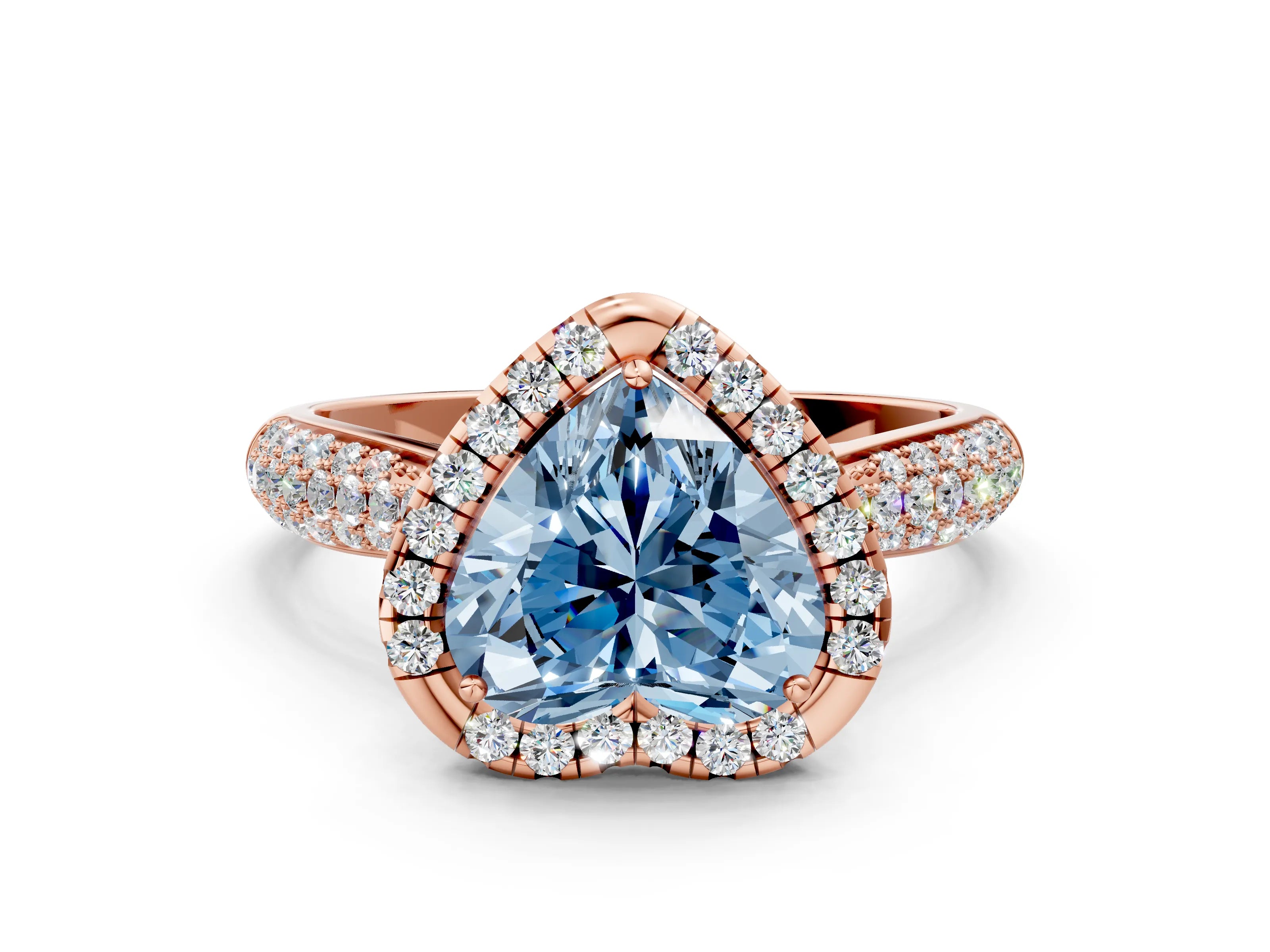 Rose gold Fancy Blue Heart Cut Halo Diamond Ring with Pavé Band