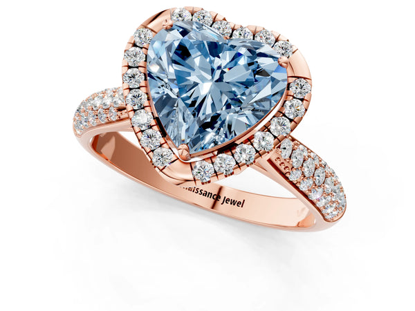 Rose gold Fancy Blue Heart Cut Halo Diamond Ring with Pavé Band