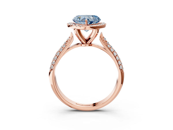Rose gold Fancy Blue Heart Cut Halo Diamond Ring with Pavé Band