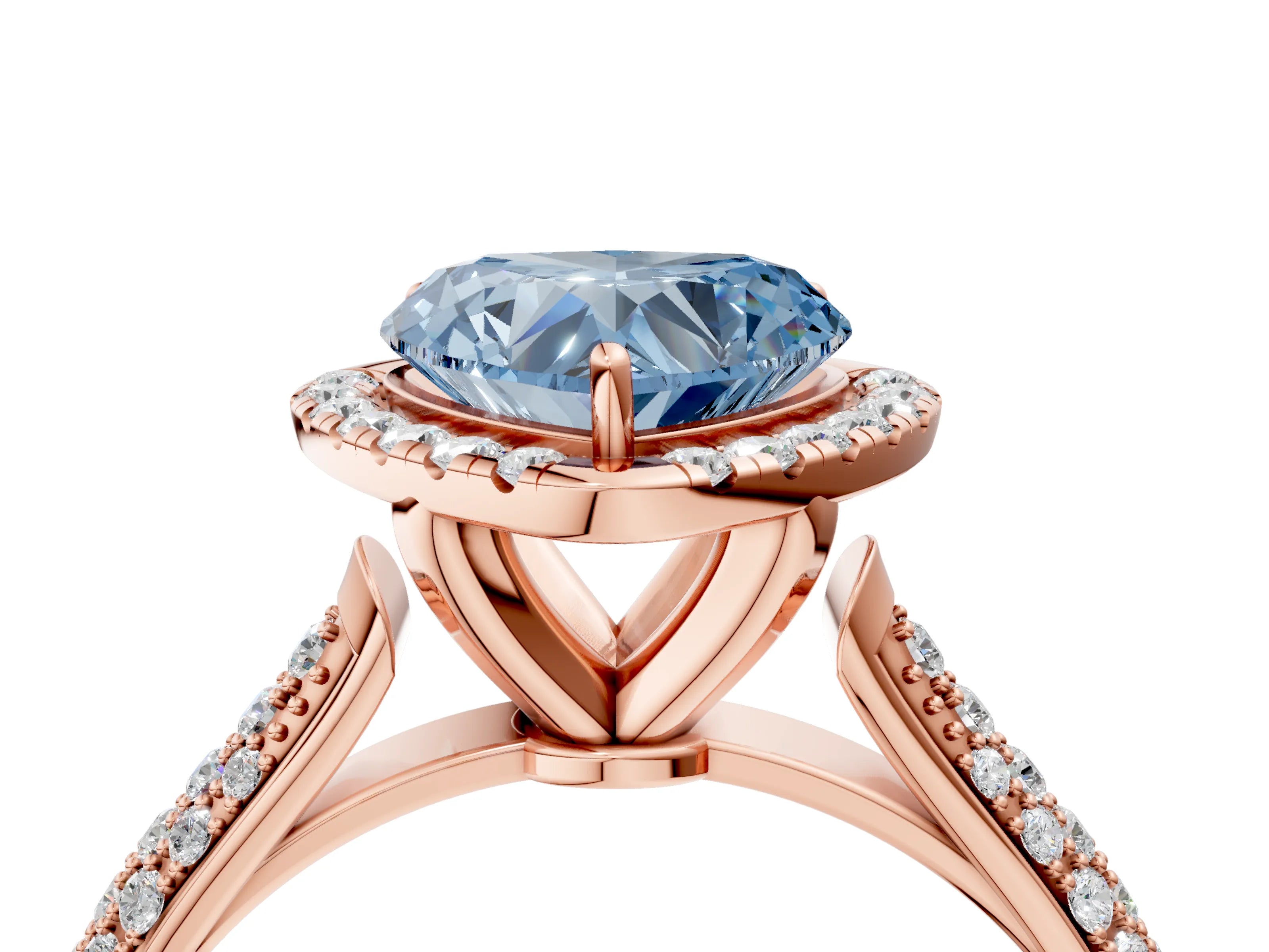 Rose gold Fancy Blue Heart Cut Halo Diamond Ring with Pavé Band_4