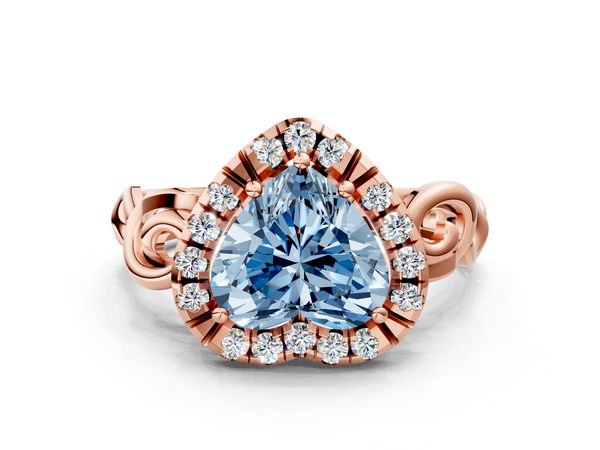 Rose gold Fancy Blue Heart  Cut Halo Diamond Ring with Scrollwork Band and Four-Prong Setting