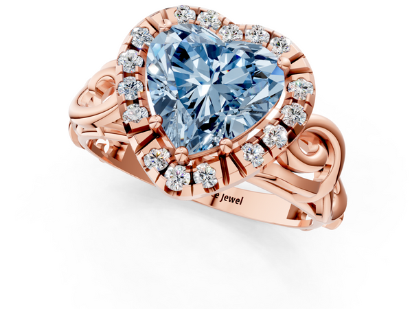Rose gold Fancy Blue Heart  Cut Halo Diamond Ring with Scrollwork Band and Four-Prong Setting