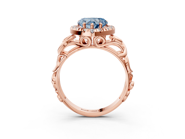 Rose gold Fancy Blue Heart  Cut Halo Diamond Ring with Scrollwork Band and Four-Prong Setting