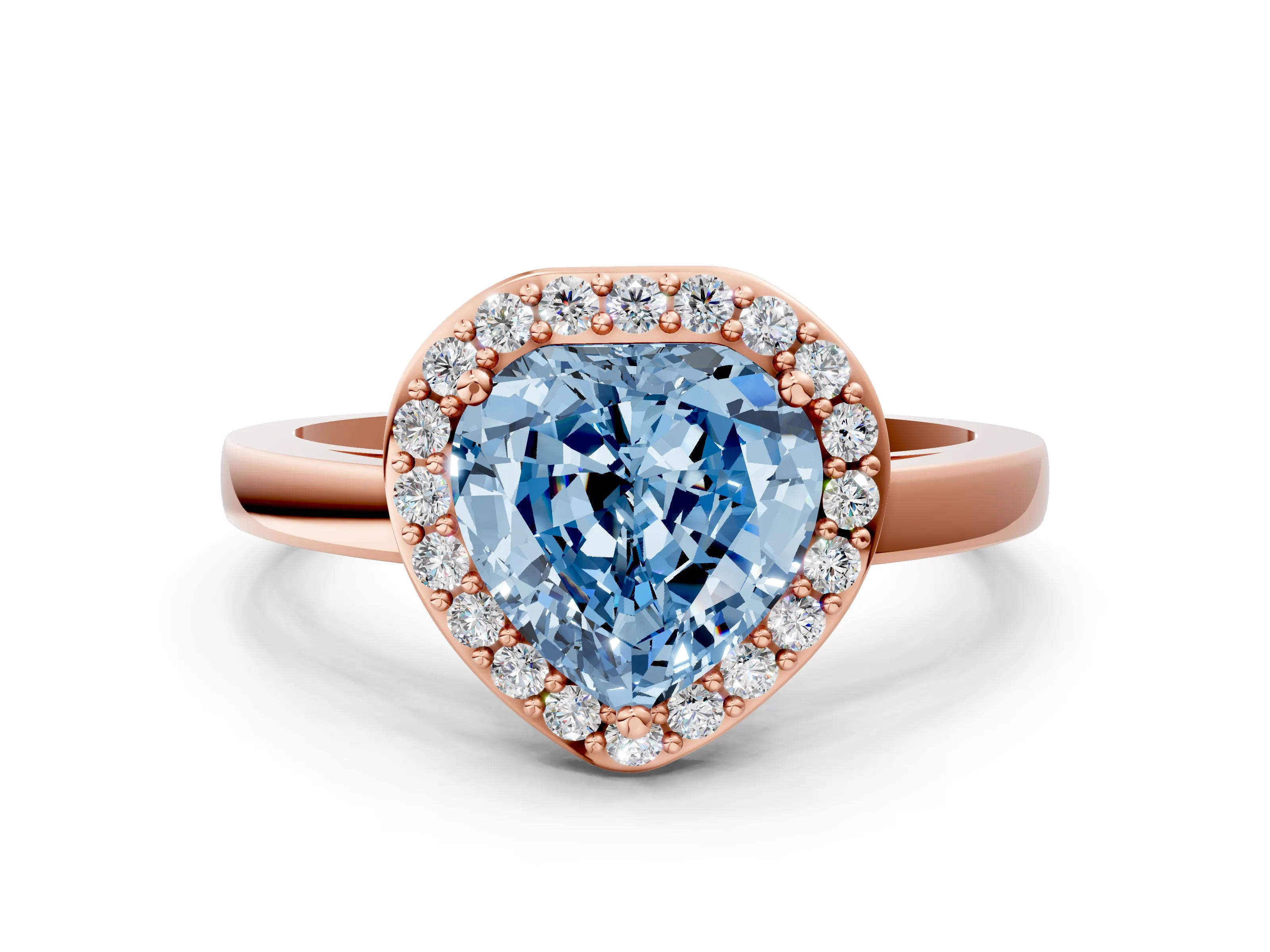 Rose gold Fancy Blue Heart Cut Halo Diamond Ring with Solitaire Band and Prong Setting