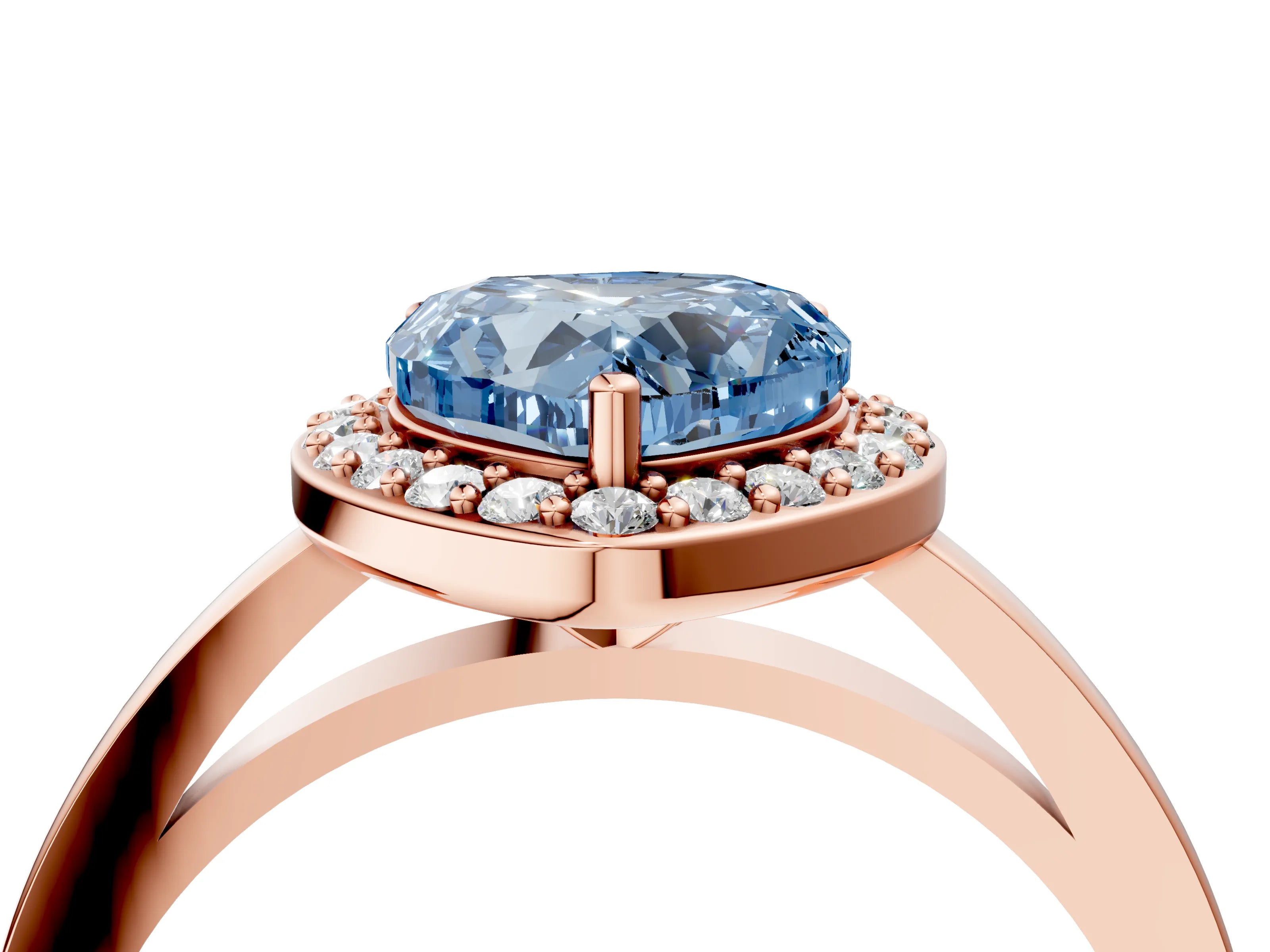 Rose gold Fancy Blue Heart Cut Halo Diamond Ring with Solitaire Band and Prong Setting_4