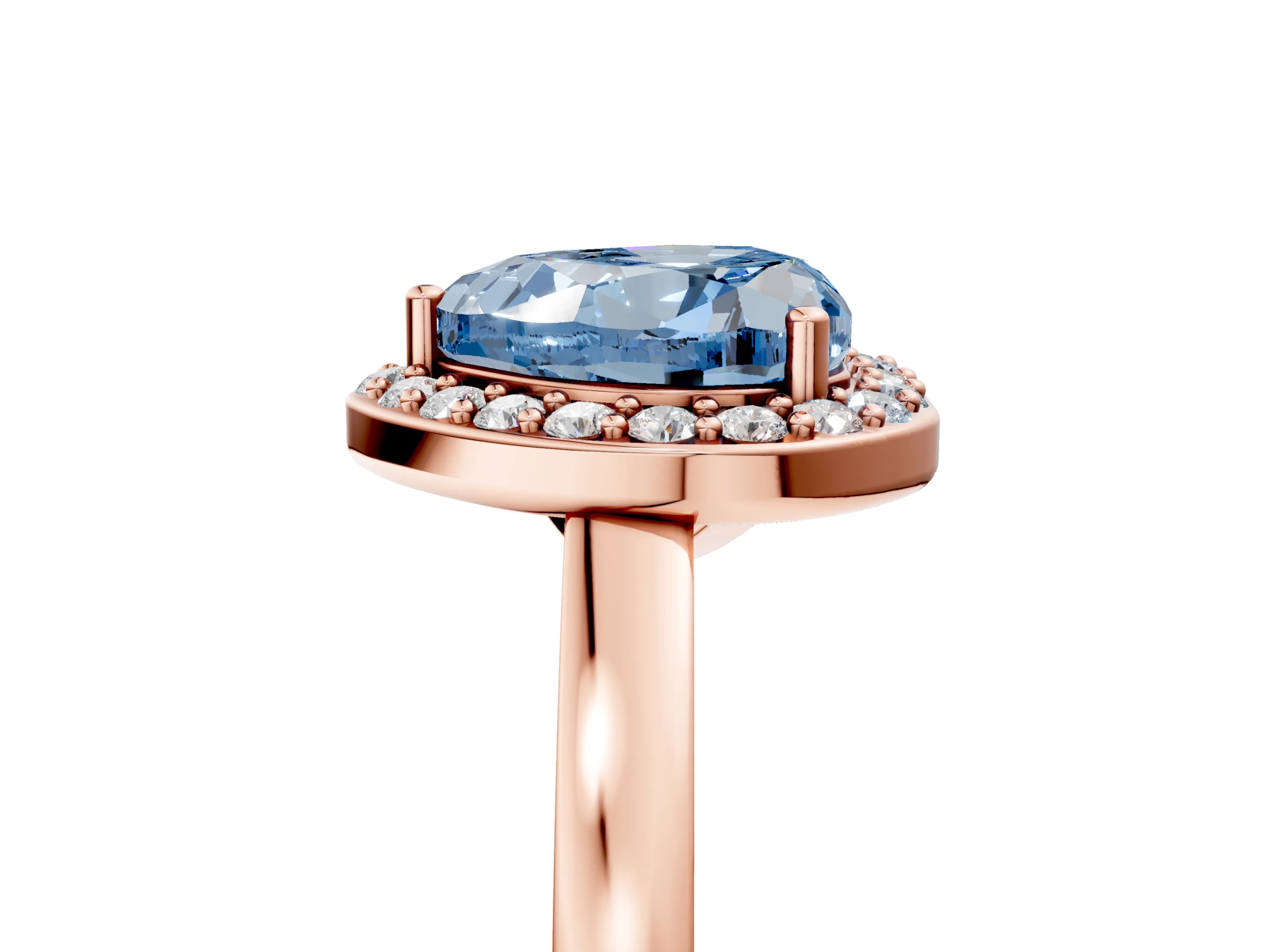 Rose gold Fancy Blue Heart Cut Halo Diamond Ring with Solitaire Band and Prong Setting_5