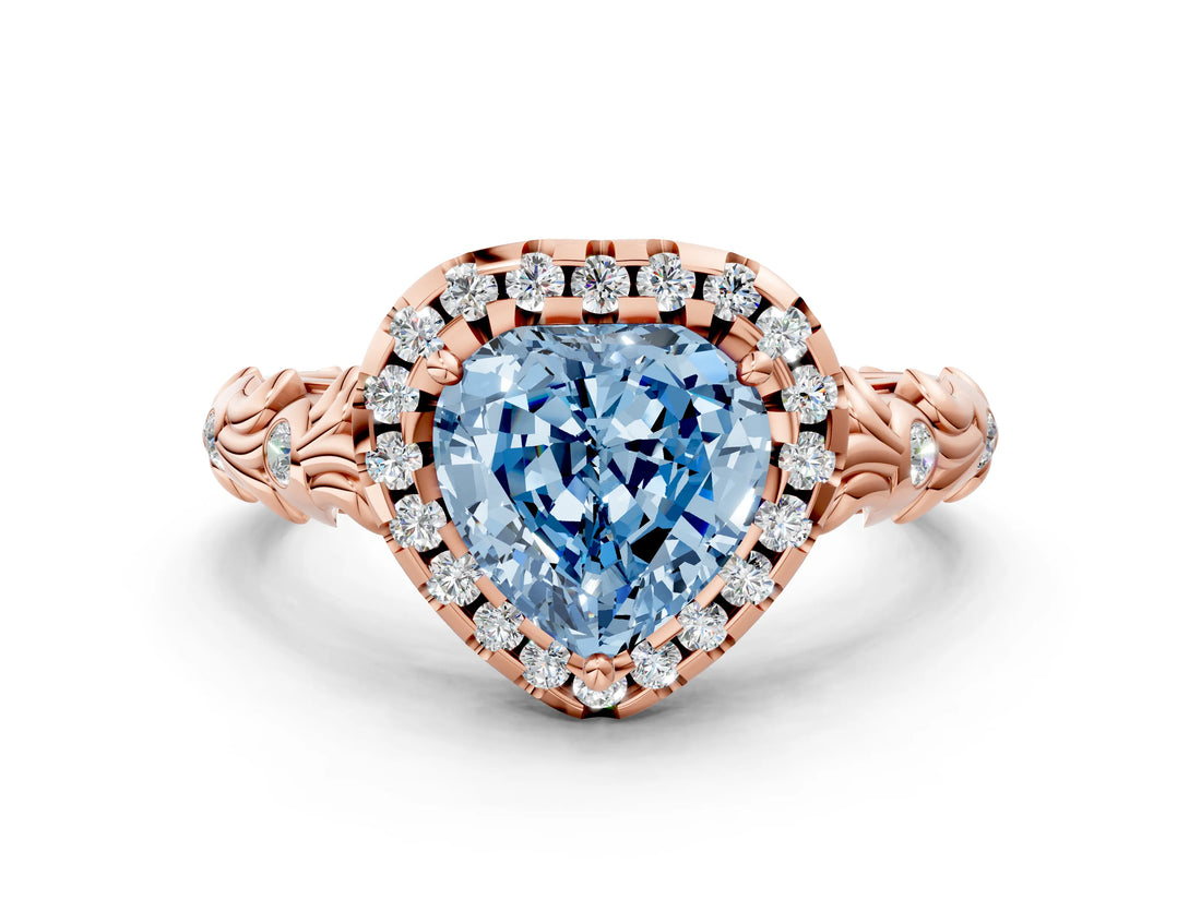 Rose gold Fancy Blue Heart Cut Halo Diamond Solitaire with Filigree Band and Four-Prong Setting