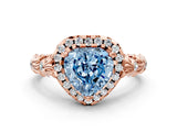 Rose gold Fancy Blue Heart Cut Halo Diamond Solitaire with Filigree Band and Four-Prong Setting