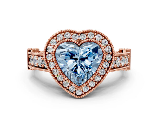 Rose Gold Heart-Shaped Vintage Bezel Halo Engagement Ring Setting for Fancy Blue Center