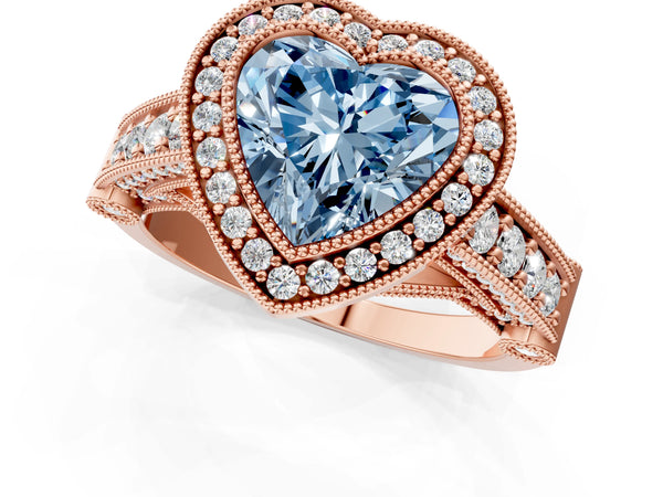 Rose Gold Heart-Shaped Vintage Bezel Halo Engagement Ring Setting for Fancy Blue Center