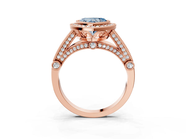 Rose Gold Heart-Shaped Vintage Bezel Halo Engagement Ring Setting for Fancy Blue Center