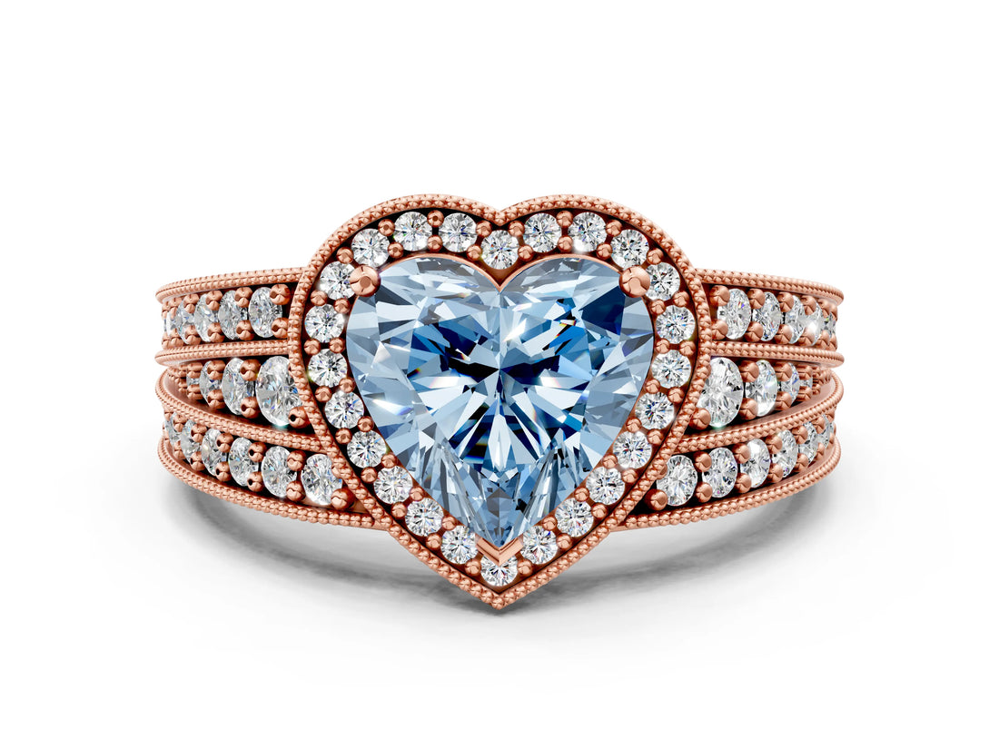 Rose gold Fancy Blue Heart Cut Halo Diamond Split Shank Ring with Prong Setting_12