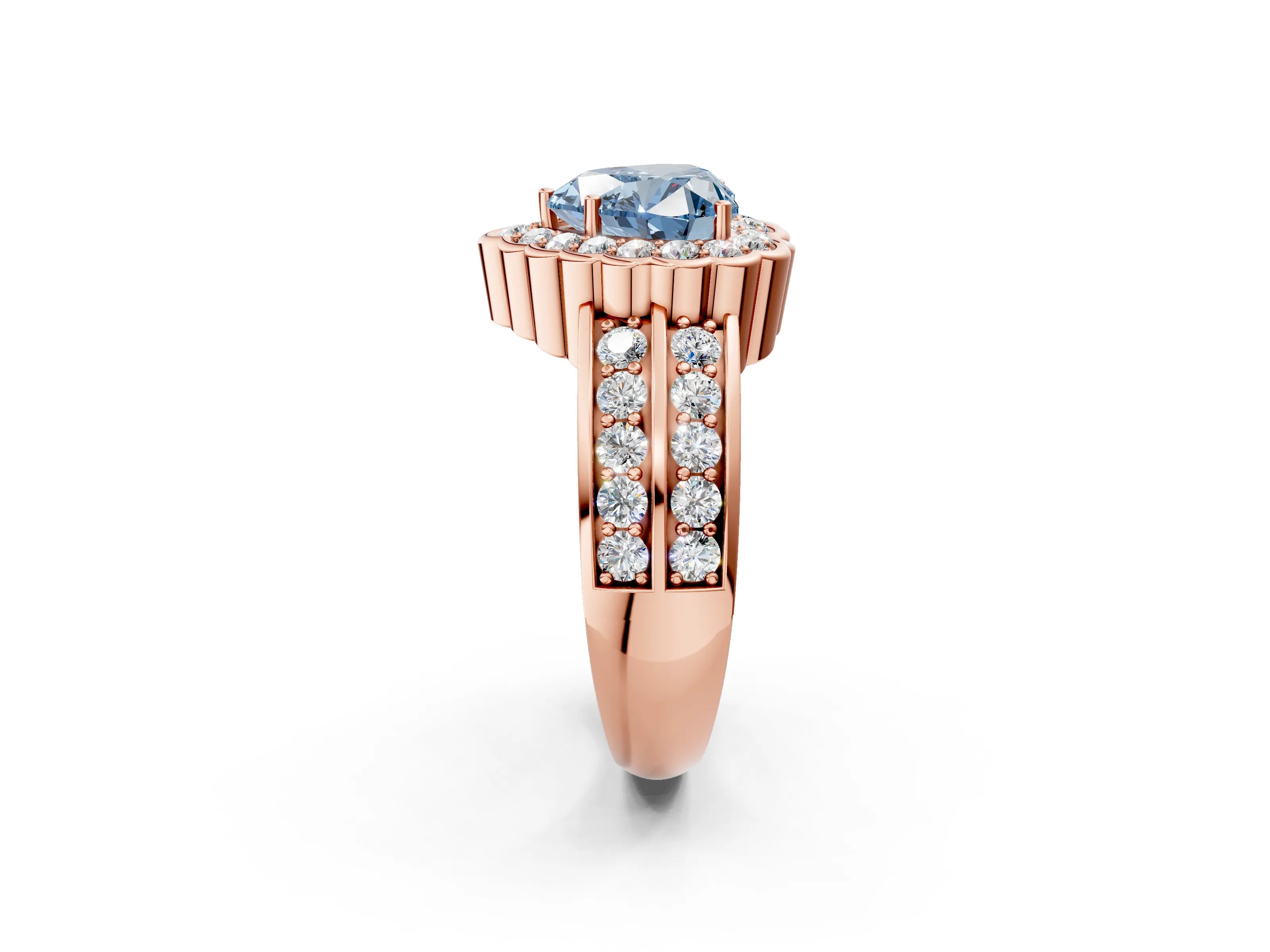 Rose gold Fancy Blue Heart Cut Halo Diamond Split Shank Ring with Scalloped Prong Setting_2