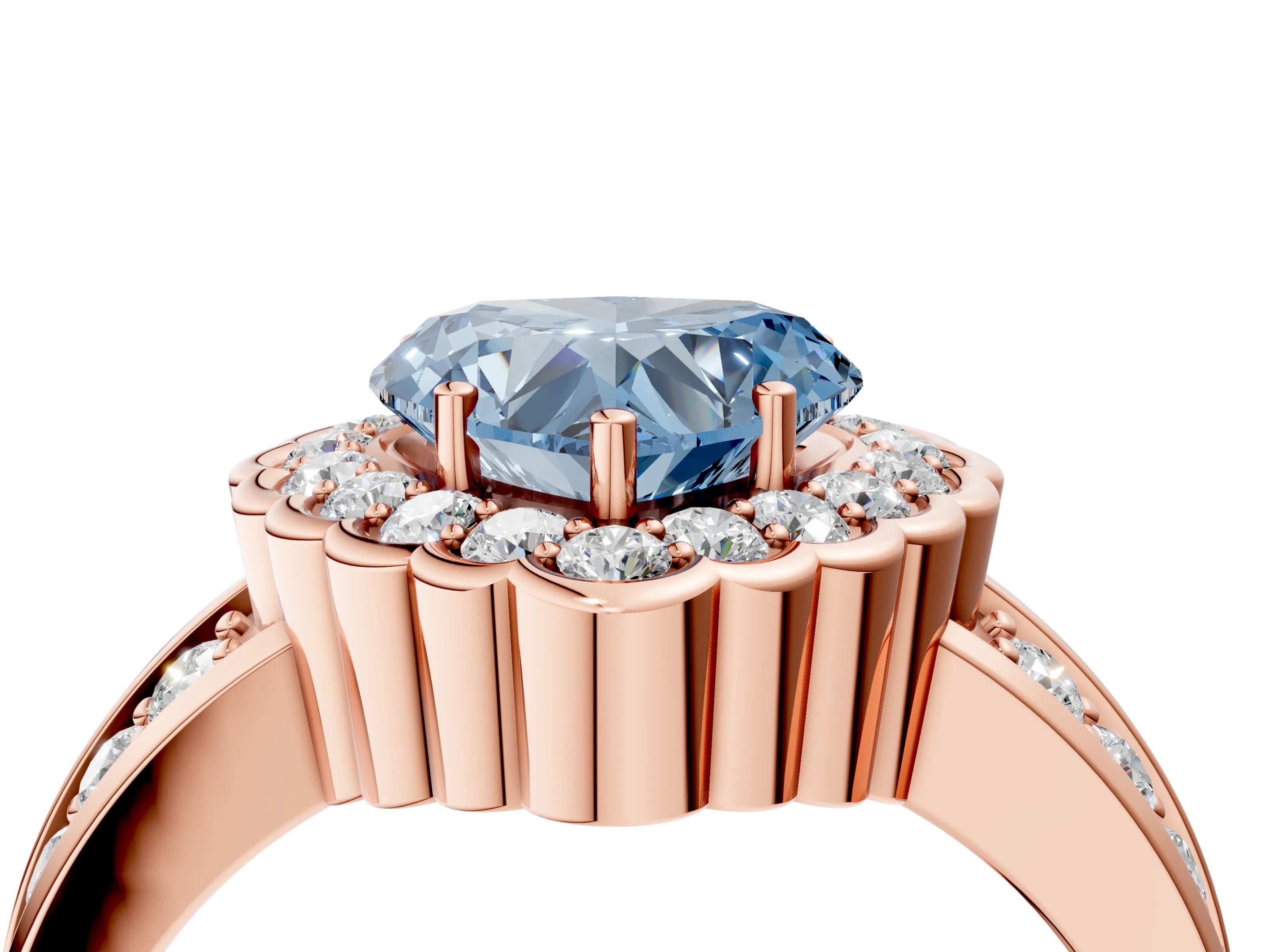 Rose gold Fancy Blue Heart Cut Halo Diamond Split Shank Ring with Scalloped Prong Setting_4