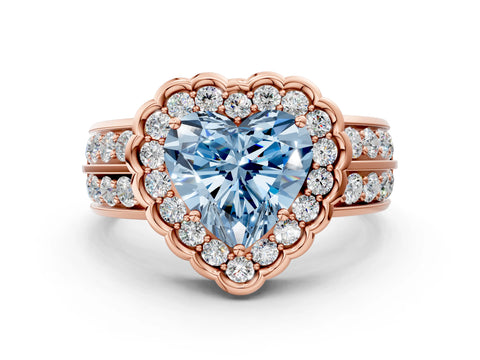 Rose gold Fancy Blue Heart Cut Halo Diamond Split Shank Ring with Scalloped Prong Setting