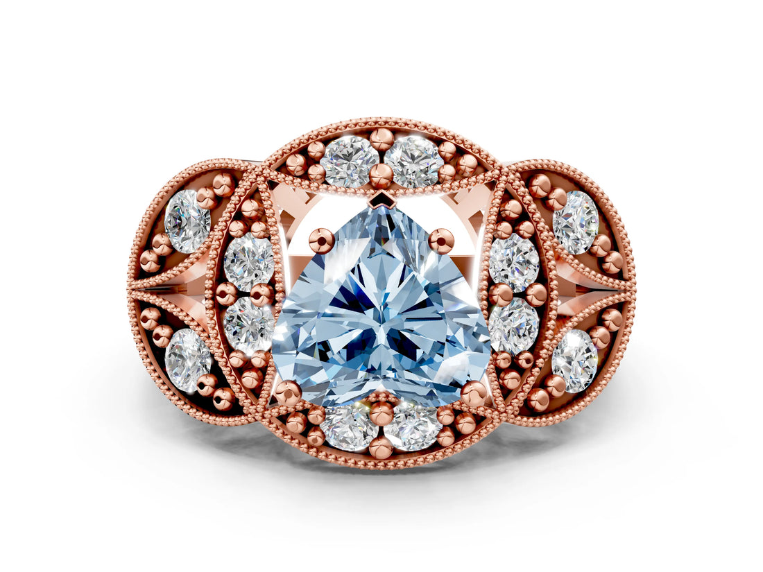 Rose gold Fancy Blue Heart Cut Halo Milgrain Diamond Engagement Ring with Leaf Band and Four-Prong Setting