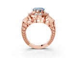 Rose gold Fancy Blue Heart Cut Halo Milgrain Diamond Engagement Ring with Leaf Band and Four-Prong Setting_3