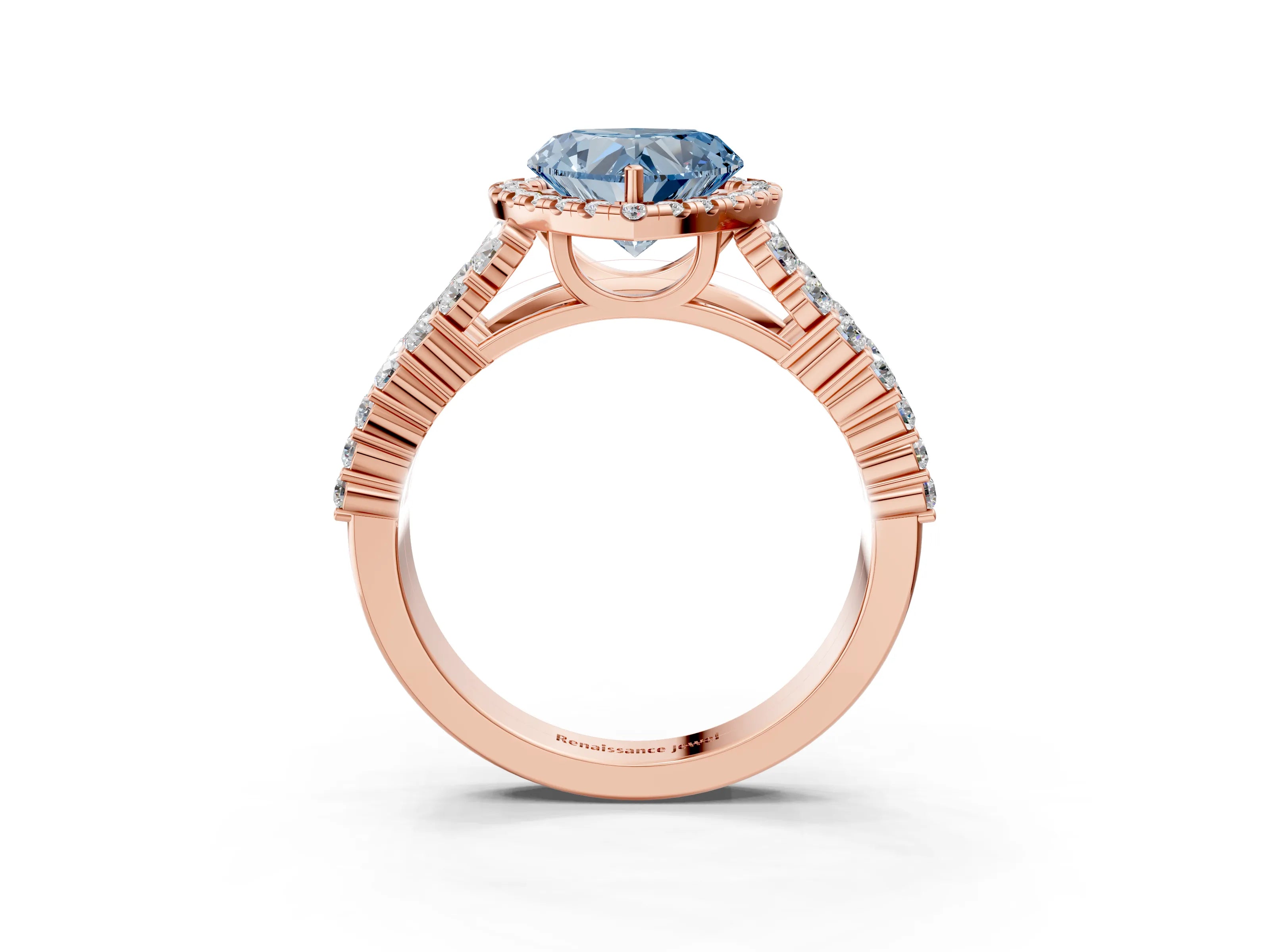Rose gold Fancy Blue Heart Cut Halo Pavé Diamond Engagement Ring with Split Shank and Four-Prong Setting_6