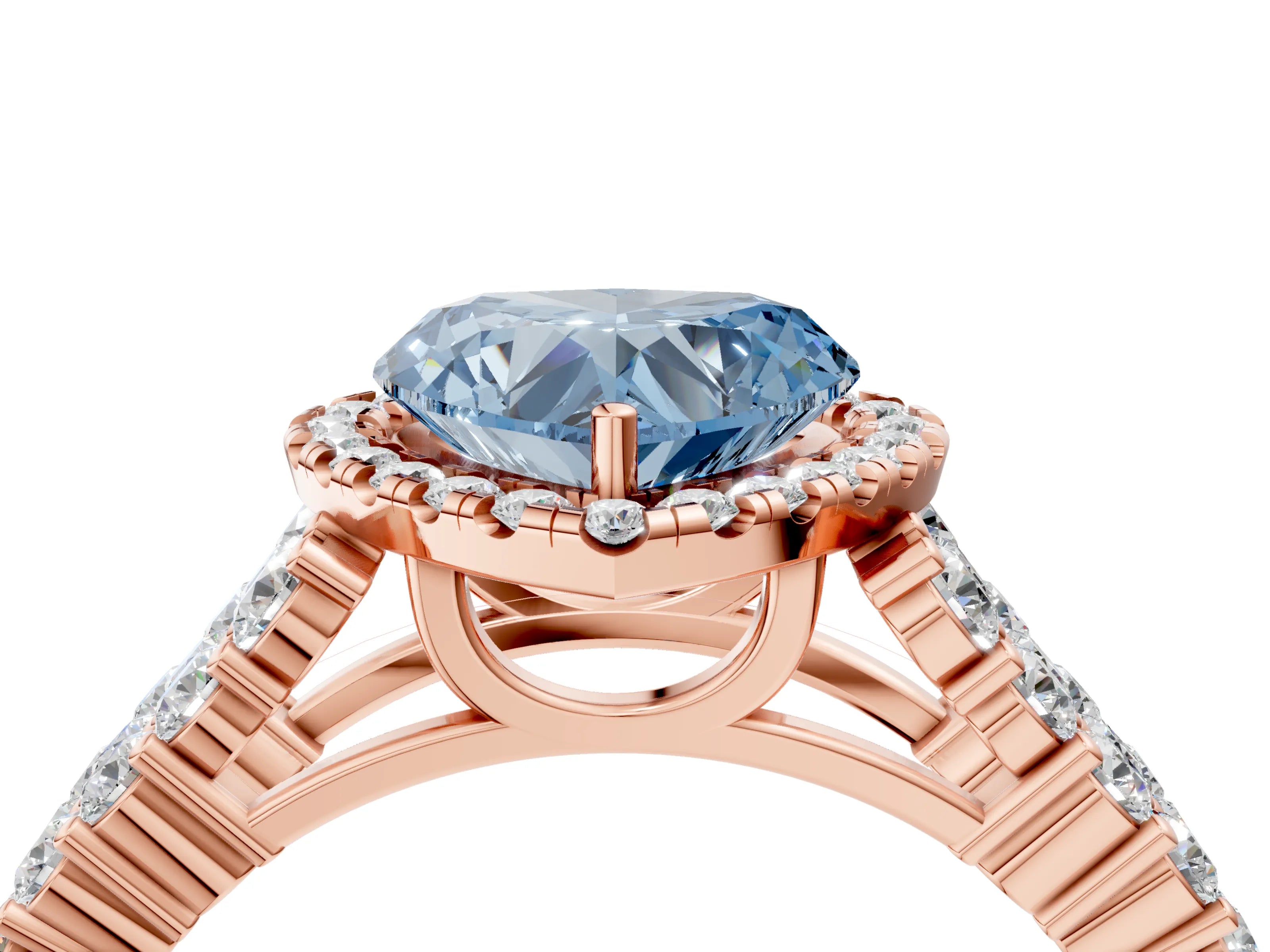 Rose gold Fancy Blue Heart Cut Halo Pavé Diamond Engagement Ring with Split Shank and Four-Prong Setting_7