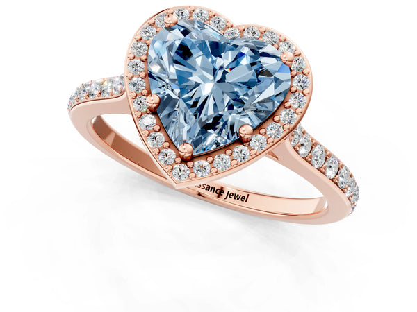 Rose gold Fancy Blue Heart Cut Halo Round Diamond Pavé Band with Four-Prong Setting