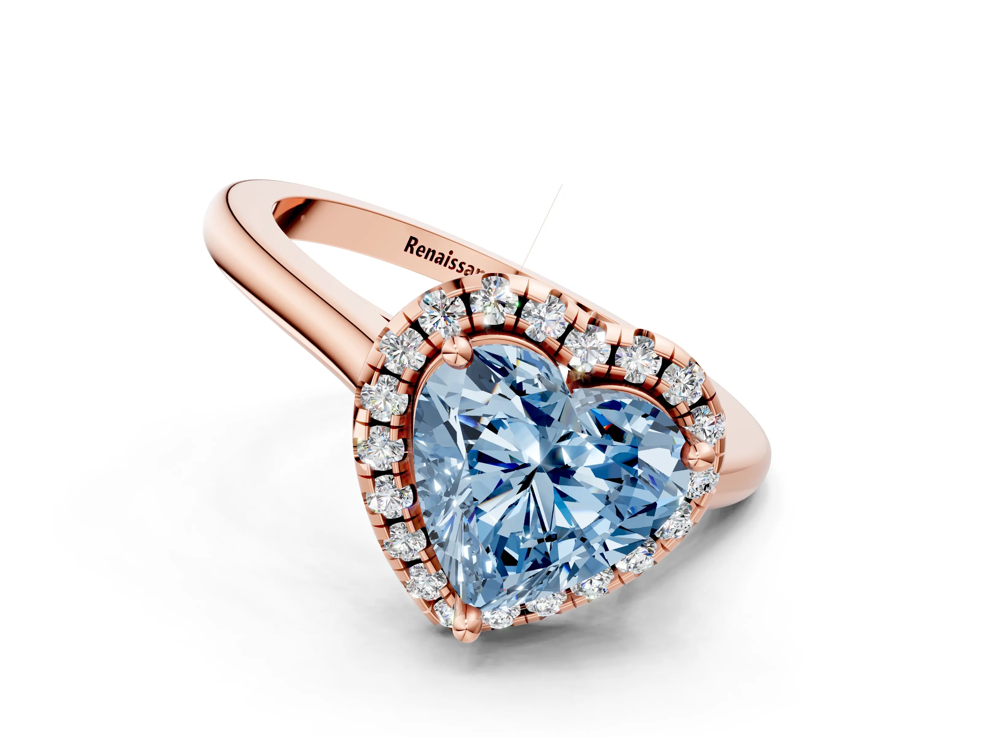 Rose gold Fancy Blue Heart Cut Halo Round Diamond Solitaire Engagement Ring with Pave Band and Four-Prong Setting_12