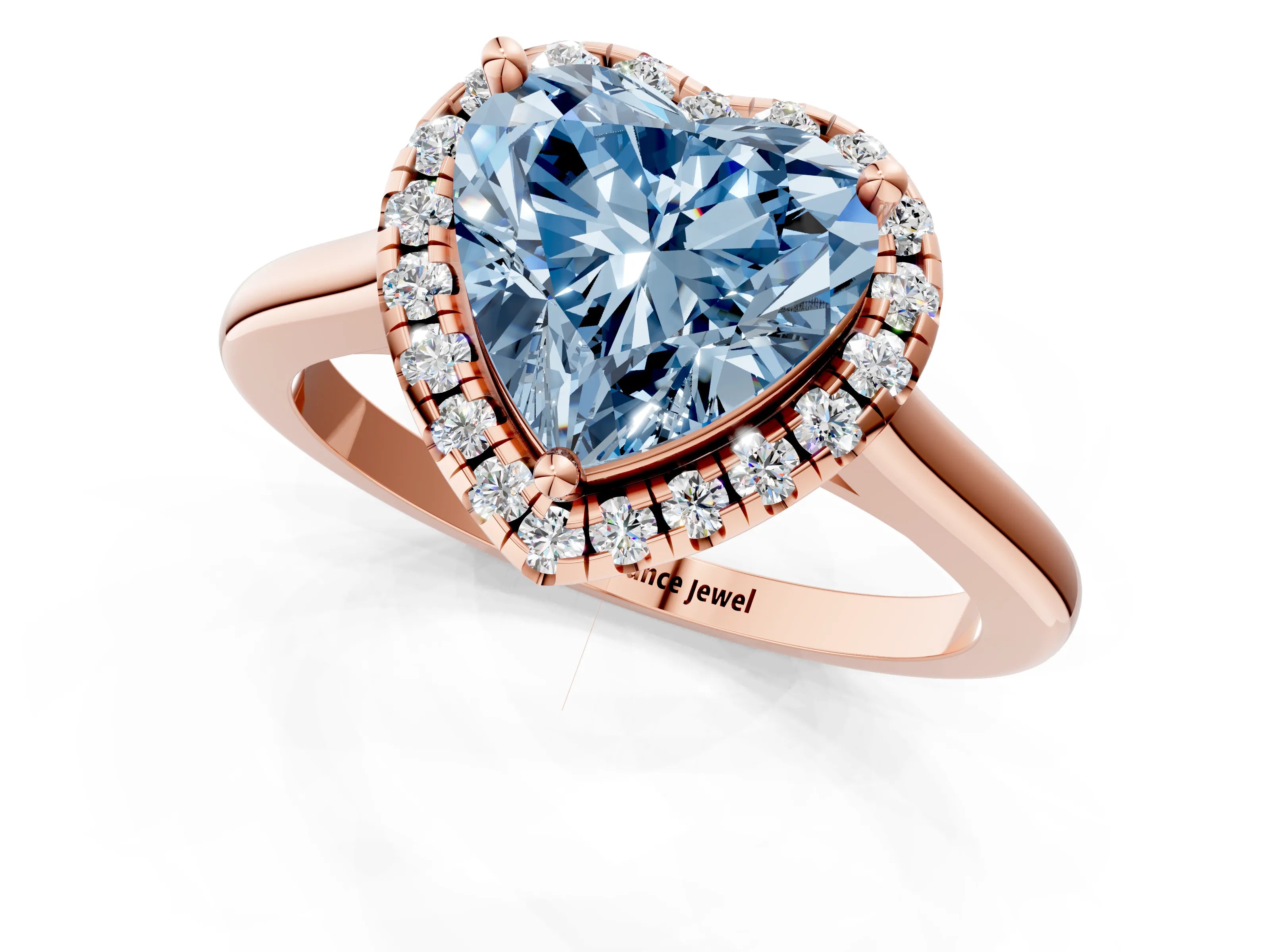 Rose gold Fancy Blue Heart Cut Halo Round Diamond Solitaire Engagement Ring with Pave Band and Four-Prong Setting_13