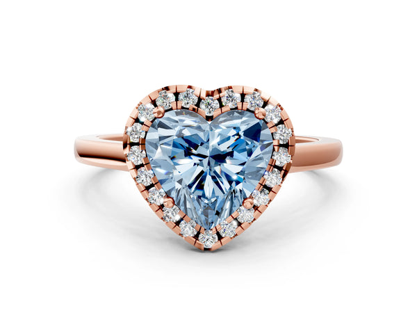 Rose gold Fancy Blue Heart Cut Halo Round Diamond Solitaire Ring with Pavé Band and Four-Prong Setting