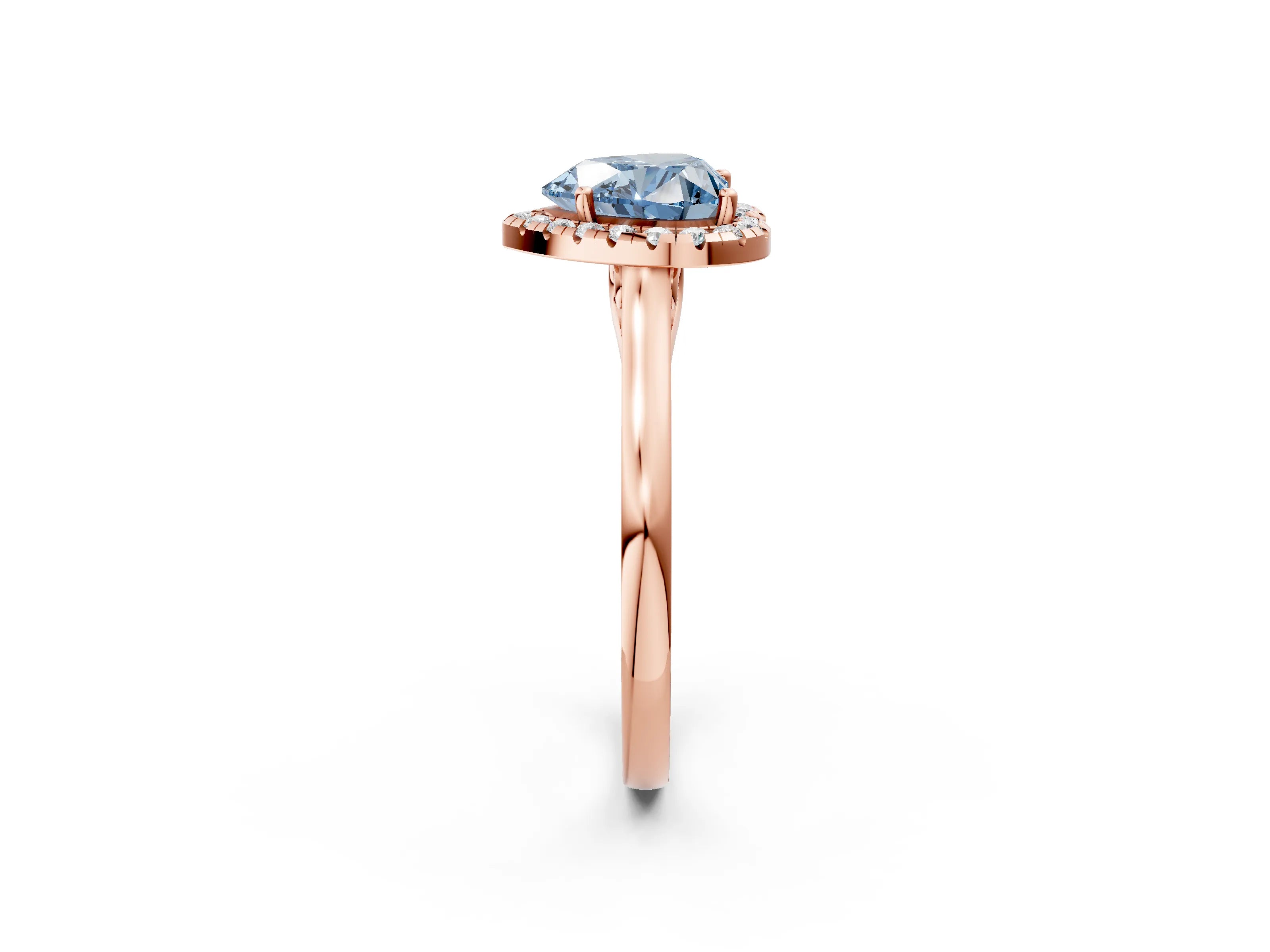Rose gold Fancy Blue Heart Cut Halo Round Diamond Solitaire Ring with Pavé Band and Four-Prong Setting_14