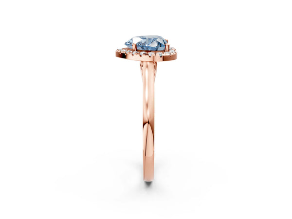 Rose gold Fancy Blue Heart Cut Halo Round Diamond Solitaire Ring with Pavé Band and Four-Prong Setting