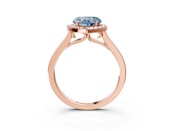 Rose gold Fancy Blue Heart Cut Halo Round Diamond Solitaire Ring with Pavé Band and Four-Prong Setting
