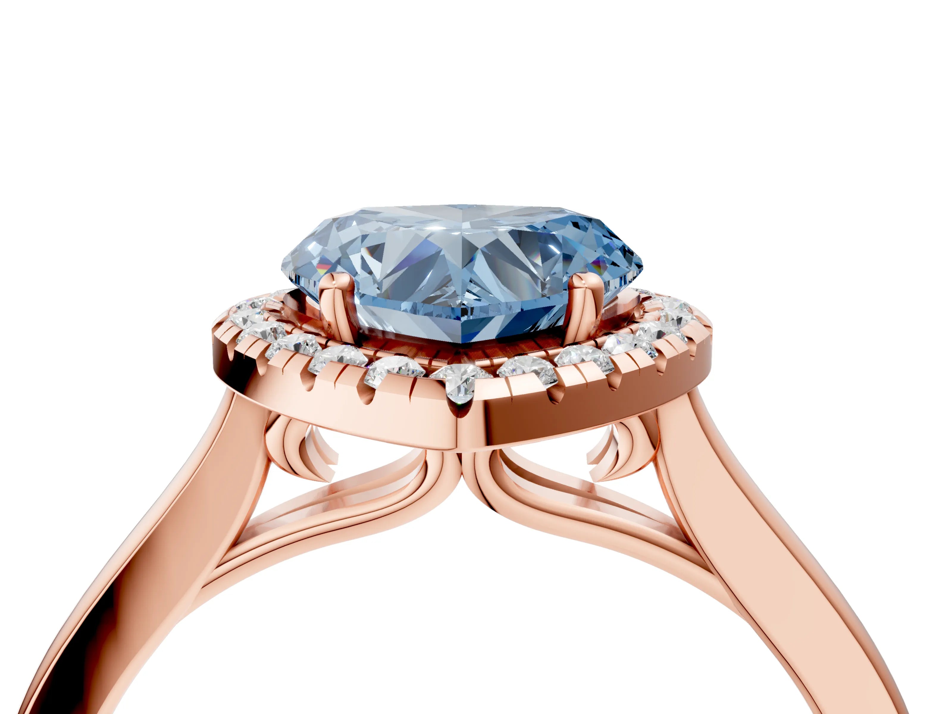 Rose gold Fancy Blue Heart Cut Halo Round Diamond Solitaire Ring with Pavé Band and Four-Prong Setting_16