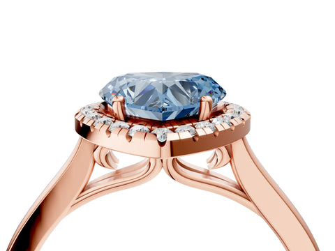 Rose gold Fancy Blue Heart Cut Halo Round Diamond Solitaire Ring with Pavé Band and Four-Prong Setting_16