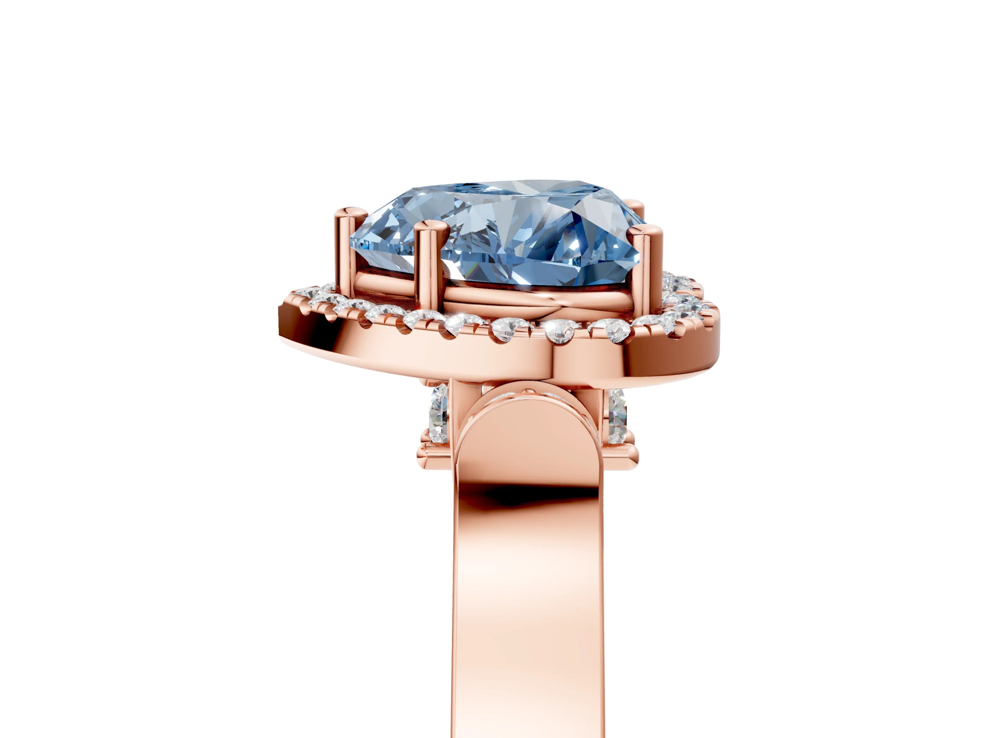 Rose gold Fancy Blue Heart Cut Halo Round Diamond Twist Band with Four-Prong Setting_5