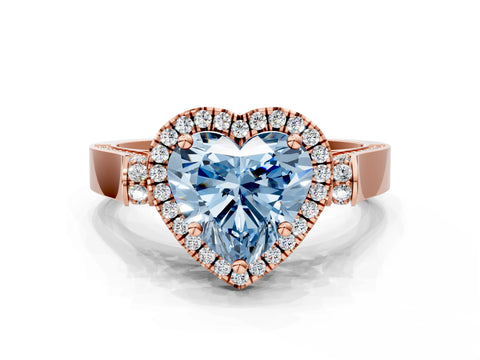 Rose gold Fancy Blue Heart Cut Halo Round Diamond Twist Band with Four-Prong Setting