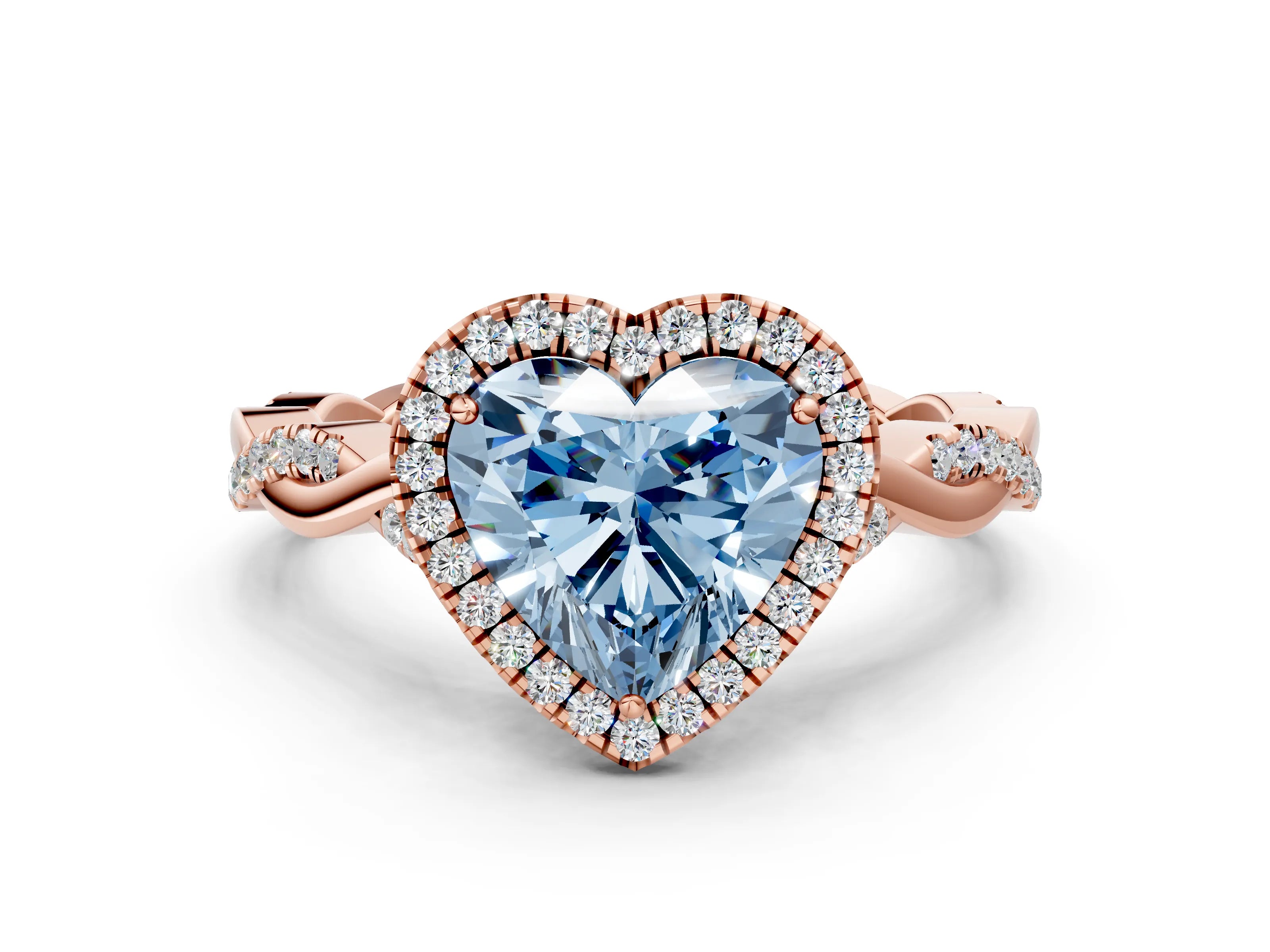 Rose gold Fancy Blue Heart Cut Halo Twist Band with Four-Prong Setting