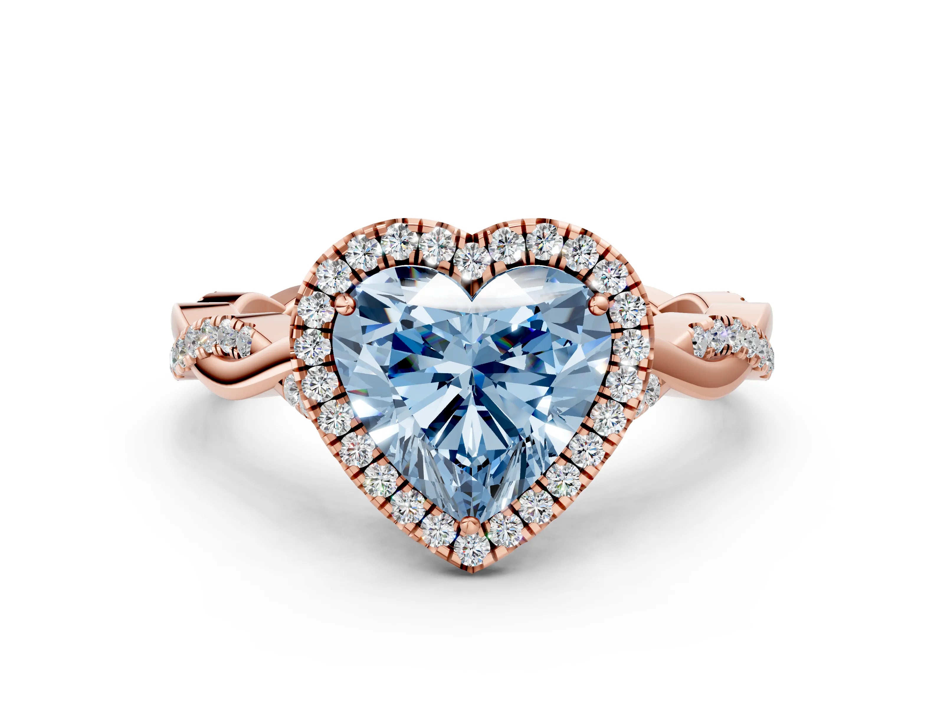 Rose gold Fancy Blue Heart Cut Halo Twist Band with Four-Prong Setting_12