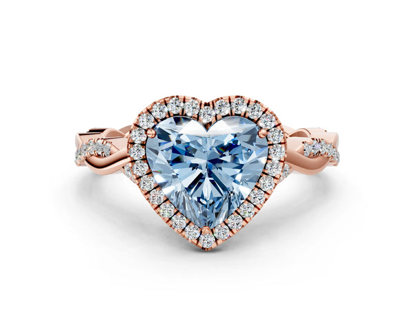 Rose Gold Heart-Shaped Interwoven Twist Halo Engagement Ring Setting for Fancy Blue Center