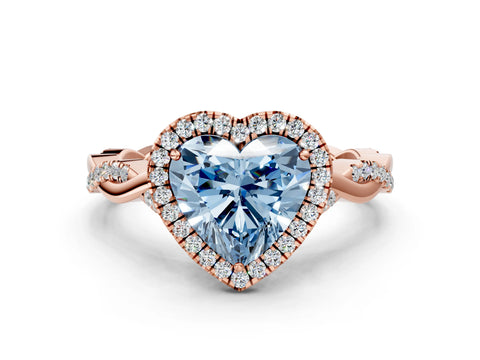 Rose gold Fancy Blue Heart Cut Halo Twist Band with Four-Prong Setting