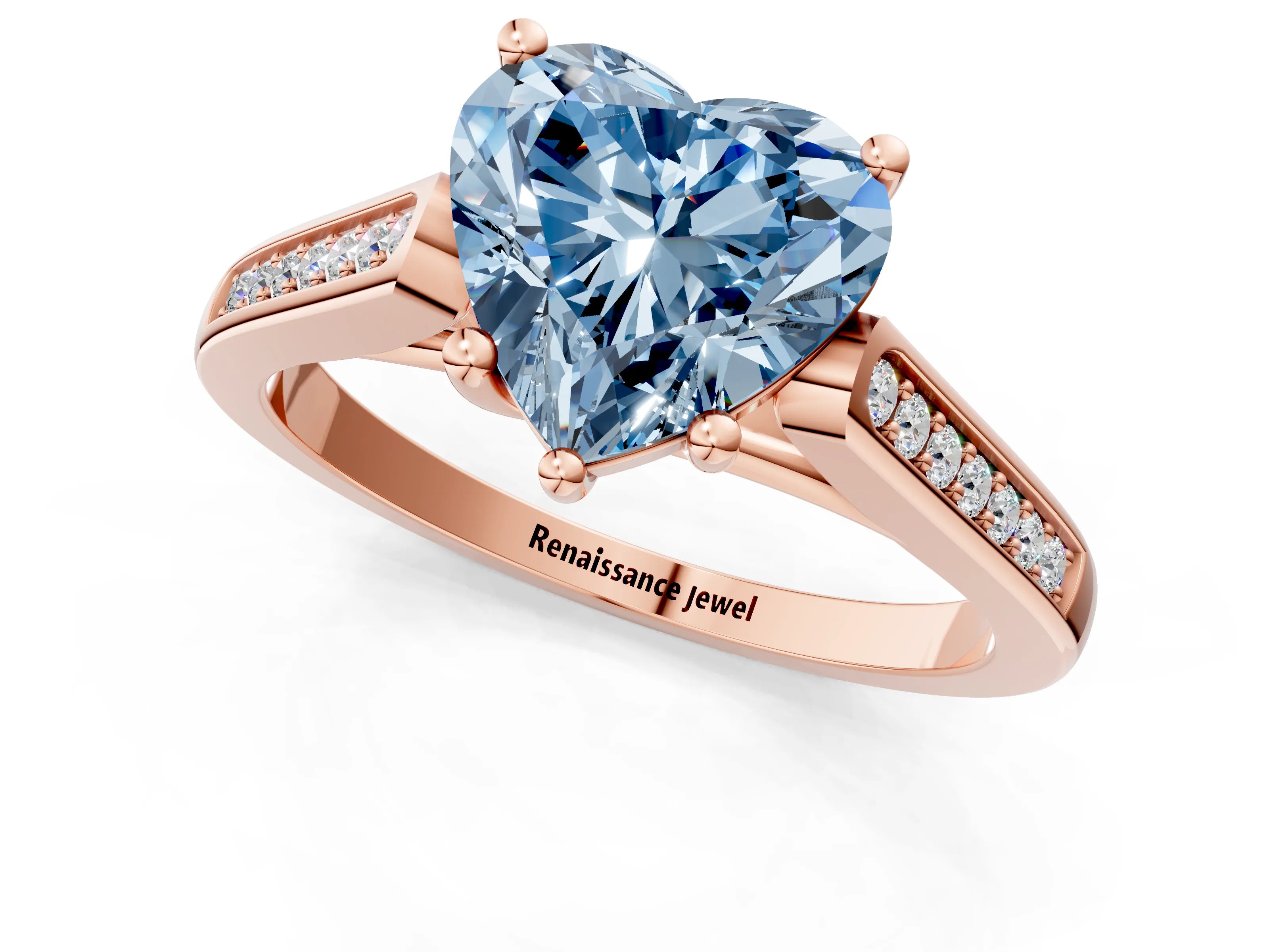Rose gold Fancy Blue Heart Cut Solitaire Cathedral Diamond Engagement Ring with Channel-Set Band and Four-Prong Setting_4
