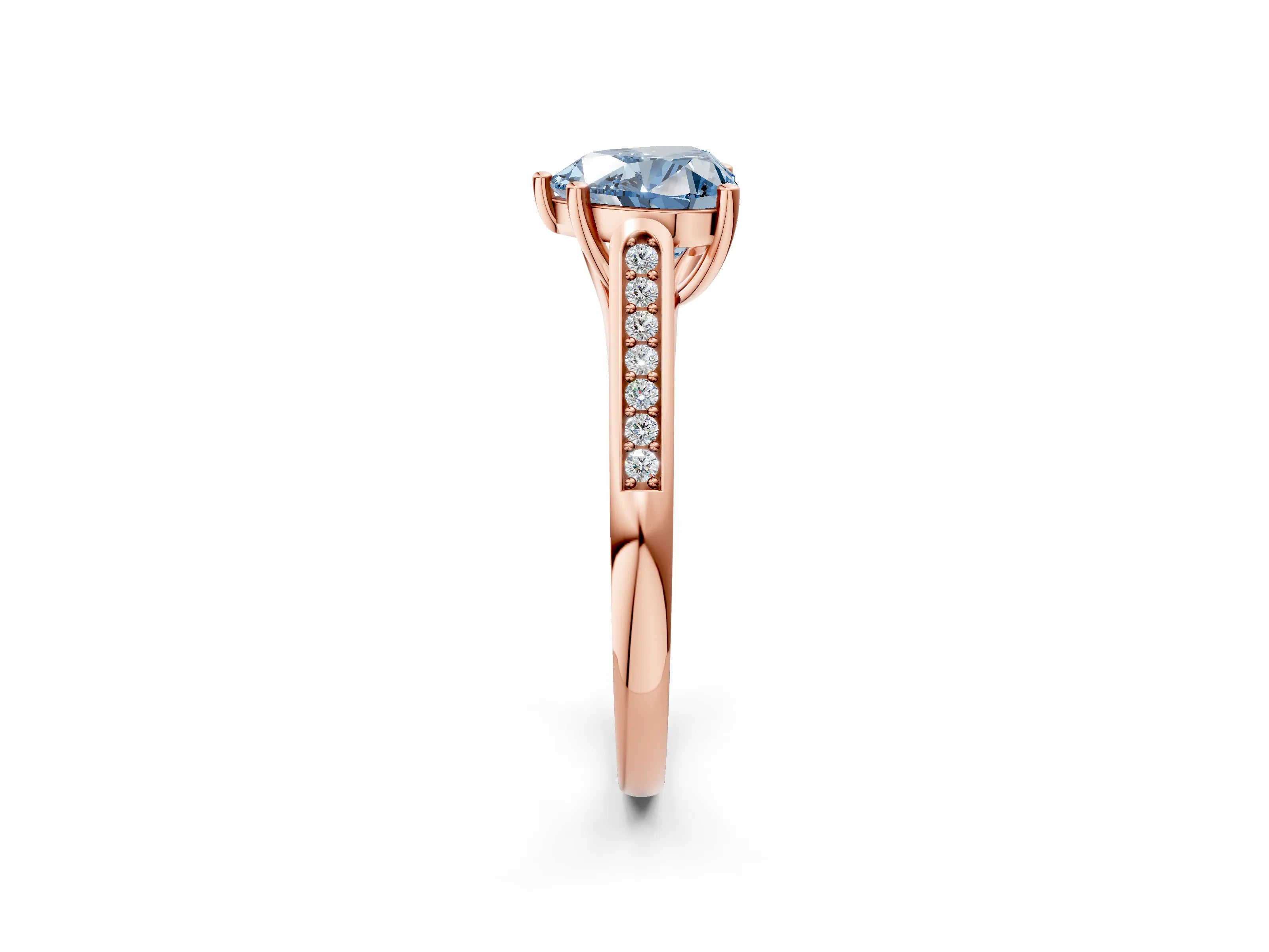 Rose gold Fancy Blue Heart Cut Solitaire Cathedral Diamond Engagement Ring with Channel-Set Band and Four-Prong Setting_5
