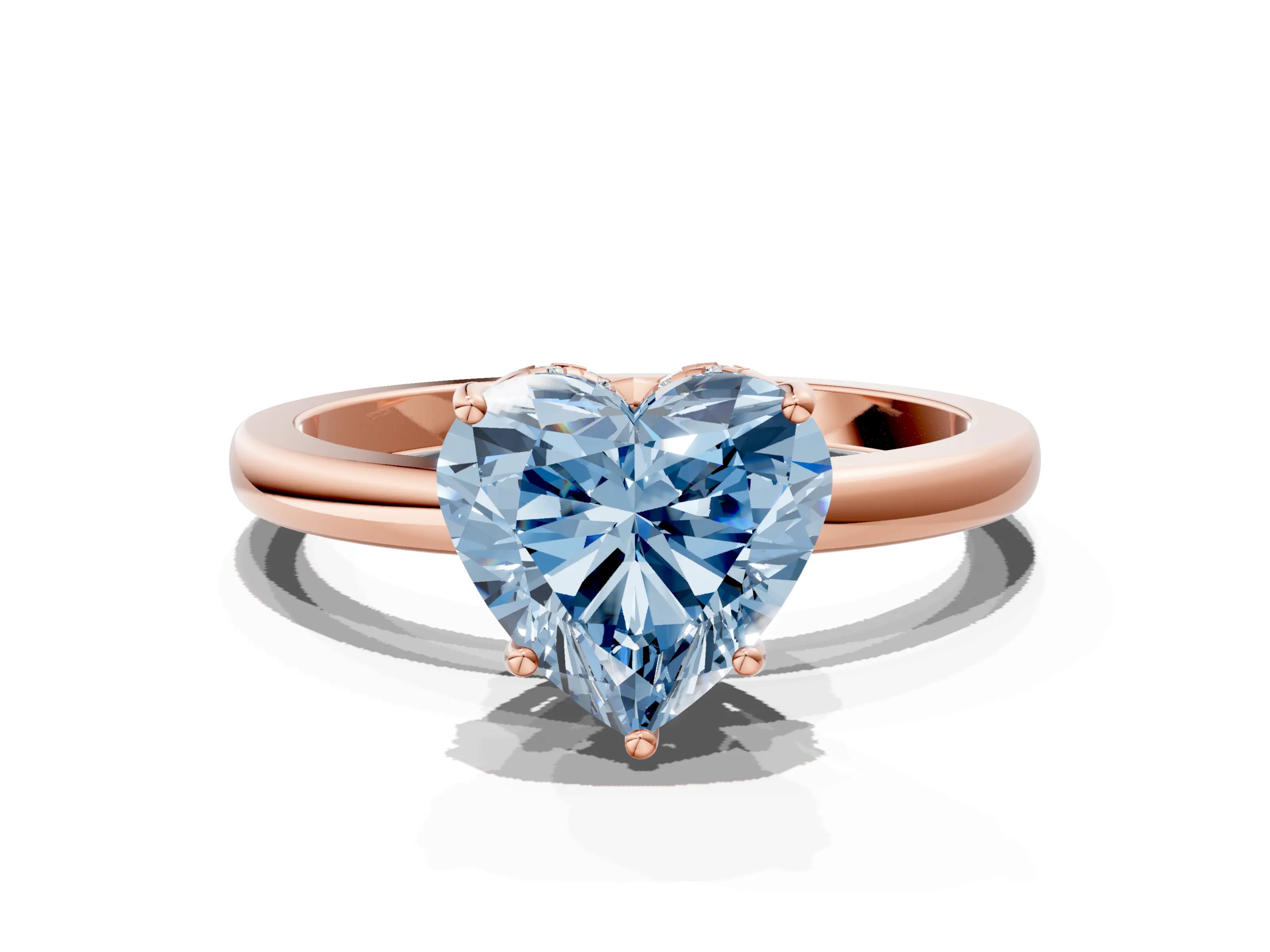 Rose gold Fancy Blue Heart Cut Solitaire Diamond Ring with Prong Setting and Plain Band