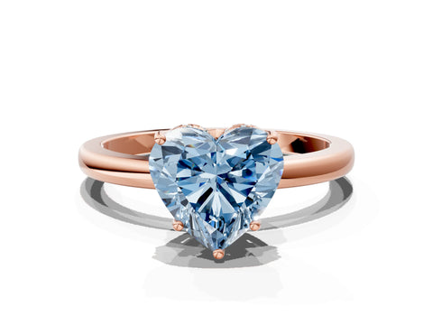 Rose gold Fancy Blue Heart Cut Solitaire Diamond Ring with Prong Setting and Plain Band