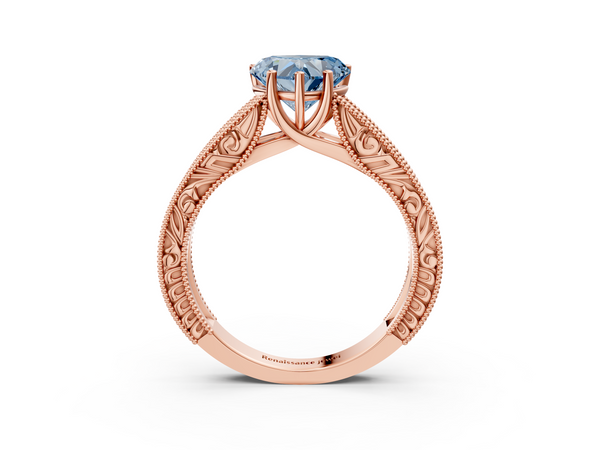 Rose gold Fancy Blue Heart Cut Diamond Solitaire Ring with Engraved Band and Four-Prong Setting