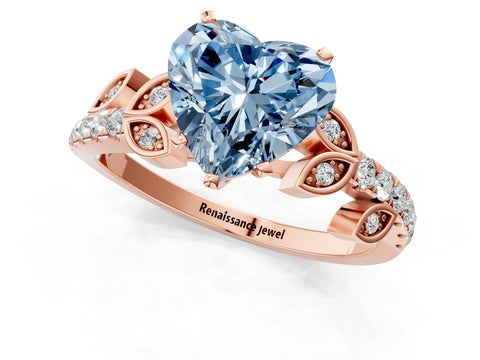 Rose gold Fancy Blue Heart Cut Solitaire Leaf-Inspired Diamond Ring with Pavé Band and Four-Prong Setting_1